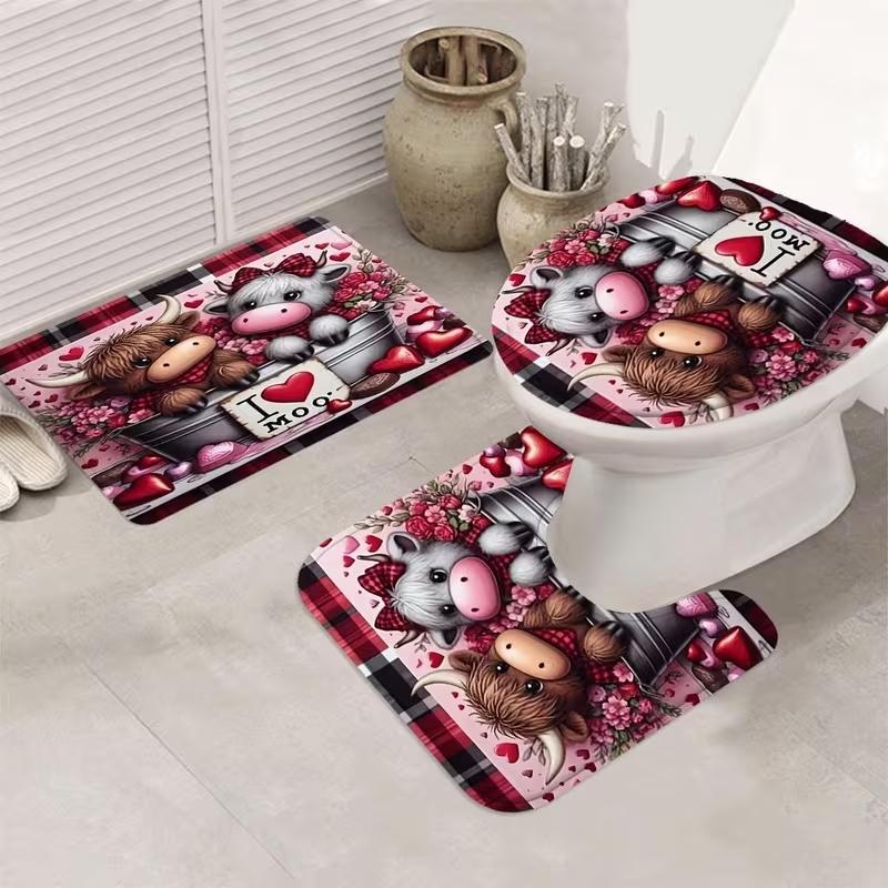 1/4pcs Valentine's Day Highland Bull Pattern Shower Curtain Set, including shower curtain, toilet seat cover, rectangular mat, and U-shaped mat. Perfect for Bathroom Decoration Accessories, beautifying the space. Comes with 12 shower curtain hooks.