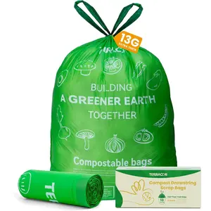 13 Gallon Compostable Drawstring Trash Bags Heavy Duty Extra Thick 1 Mil 35 Bags Tall Kitchen Food Scrap Waste Bags ASTM D6400