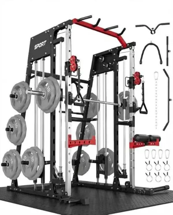 Smith Machine Home Gym, 2200LB Power Cage with Dual Pulley Cable Systems, LAT Pull-Down, Leg Hold-Down & 20+ Attachments for Full Body Workouts