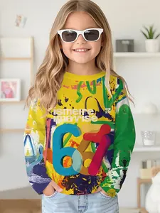 Yellow background graffiti 67 digital printed long-sleeve crewneck drop-shoulder sweatshirt top T-shirt, long-sleeve T-shirt clothing for girls in spring and autumn, 100% polyester, the best gift for girls