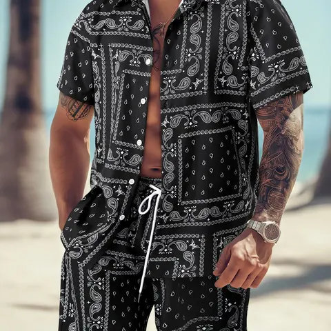 Men's All Over Print Short Sleeve Shirt & Shorts Two-piece Set, Casual Button Collar Top & Drawstring Waist Shorts, Men's Summer Clothes, Casual Outfit Set