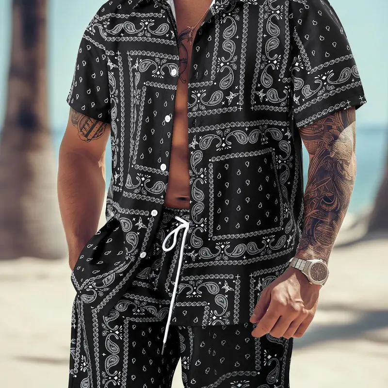 Men's All Over Print Short Sleeve Shirt & Shorts Two-piece Set, Casual Button Collar Top & Drawstring Waist Shorts, Men's Summer Clothes, Casual Outfit Set
