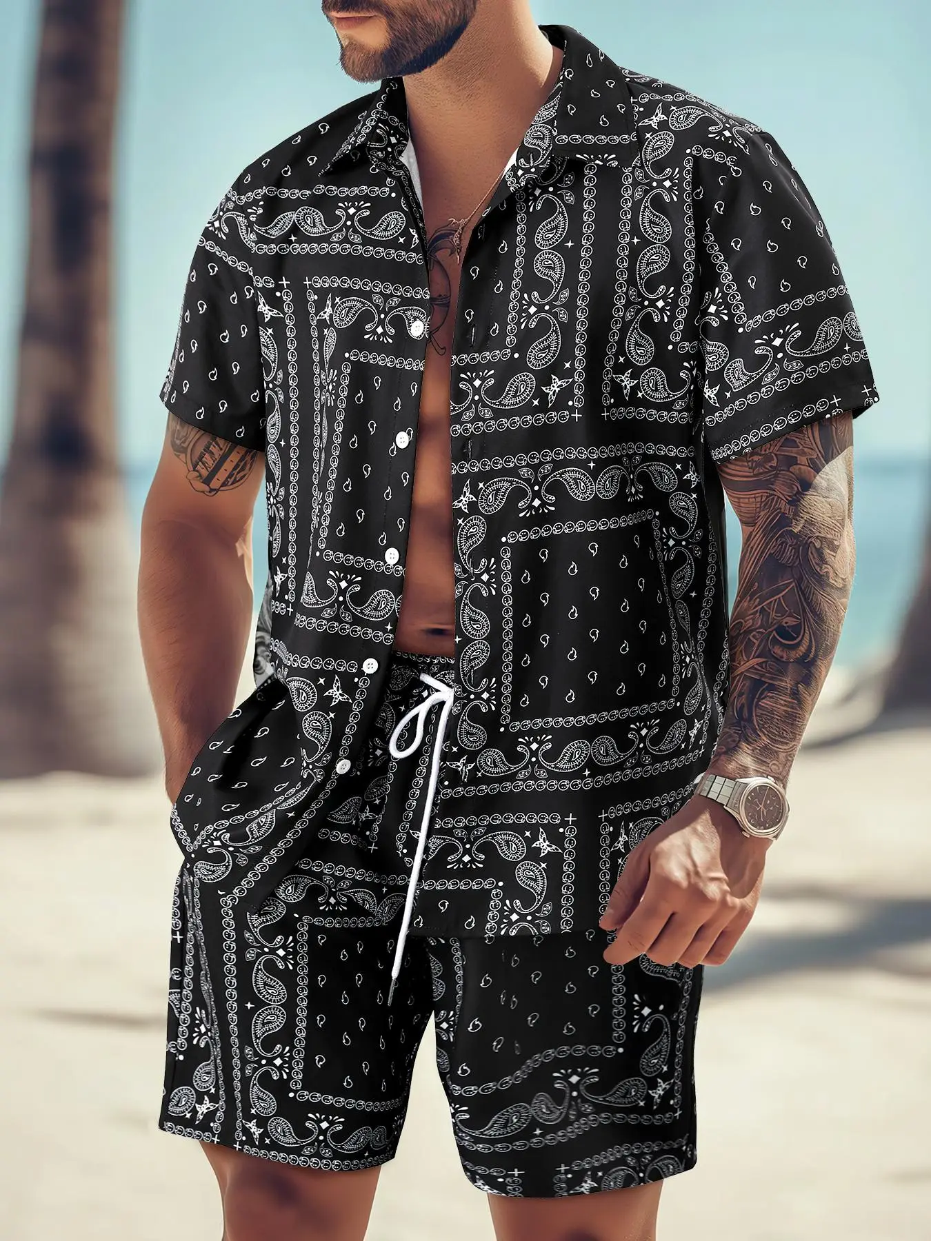 Men's All Over Print Short Sleeve Shirt & Shorts Two-piece Set, Casual Button Collar Top & Drawstring Waist Shorts, Men's Summer Clothes