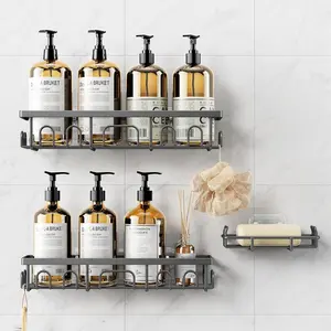 3 Pack Shower Shelves for Inside Bathroom, Rustproof Adhesive Bathroom Organizer with Soap Holder, No Drilling Washroom Organizers and Storage for Bathtub Room/Kitchen/Home, Grey