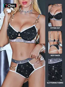 Valentine's Day Sparkly Fabric Sexy Women's Underwear Set with Heart Buckle, 2-Piece Lingerie Bra and Triangle Panties, Full Coverage Wireless Design, Bra Sets