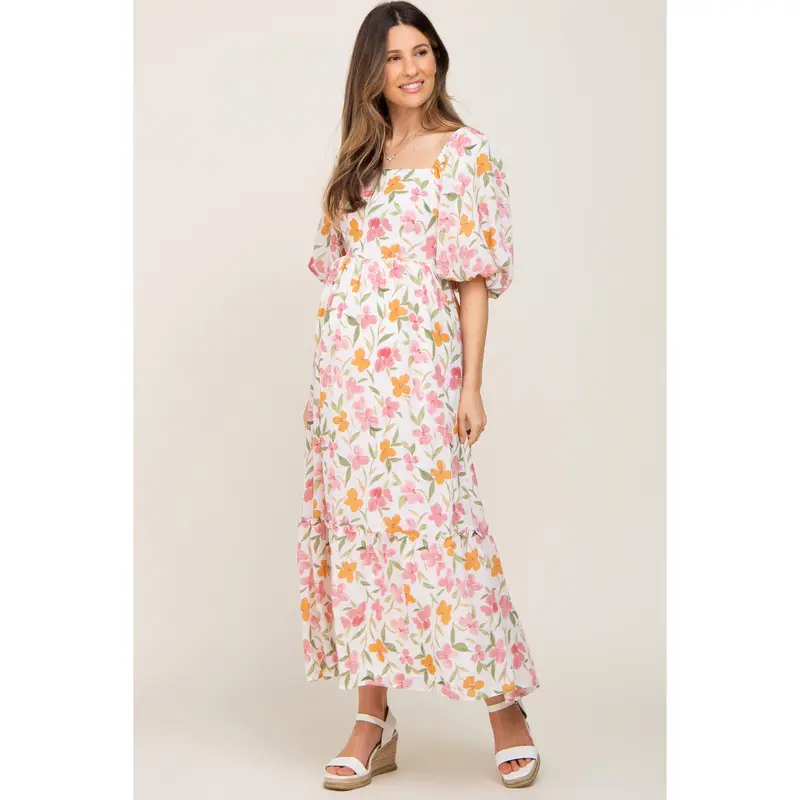 flowy floral maternity dress PinkBlush Green Floral Ruffle Off Shoulder Maternity Maxi Dress Small main image 1