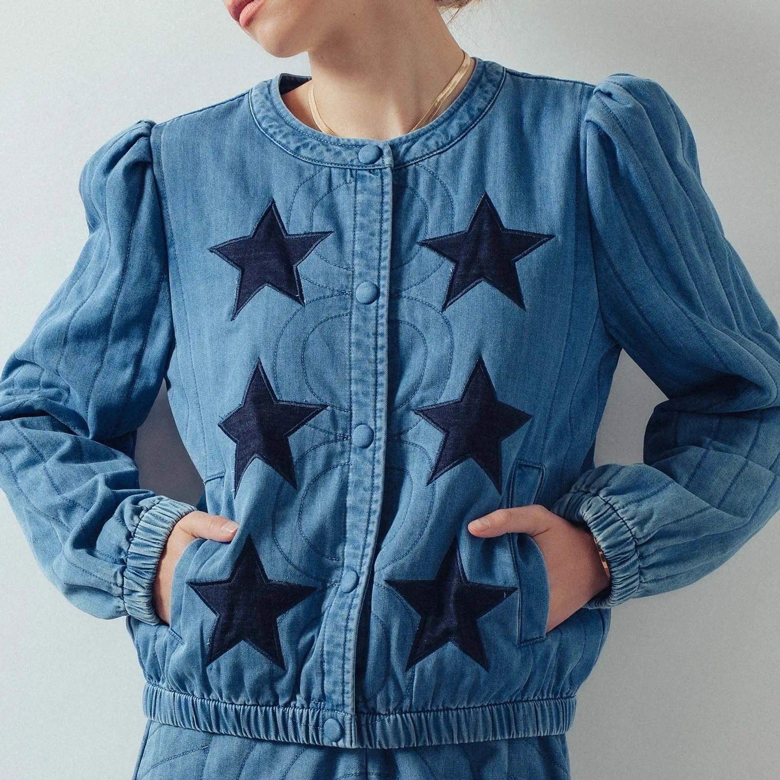 Starlight Quilted Denim Jacket with Black Star Embroidery Puff Sleeves for Women Classic Versatile Casual Wear Denim Material Comfort Durable