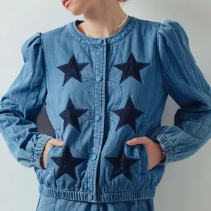 Starlight Quilted Denim Jacket with Black Star Embroidery Puff Sleeves for Women Classic Versatile Casual Wear Denim Material Comfort Durable