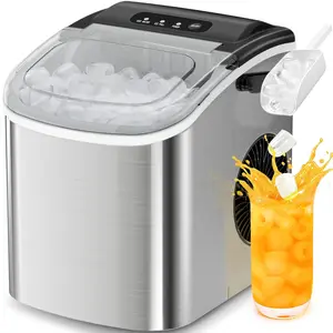 Countertop Ice Maker Portable Ice Machine with Handle, 26Lbs/24H, Self-Cleaning Ice Makers, 9 Ice Cubes/6 Mins for Home Kitchen Bar Party, Stainless Steel Silver