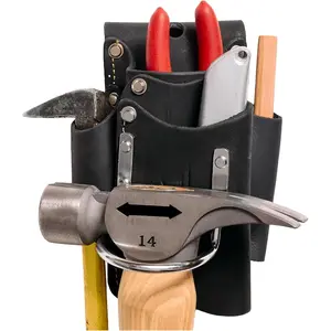 Small Leather Tool Pouch - 5-in-1 Heavy Top Grain Leather Small Tool Pouch with a Steel Hammer Loop, 4 Pockets & Reinforced Heavy Duty Rivets - Fits Belts up to 3" - Handcrafted
