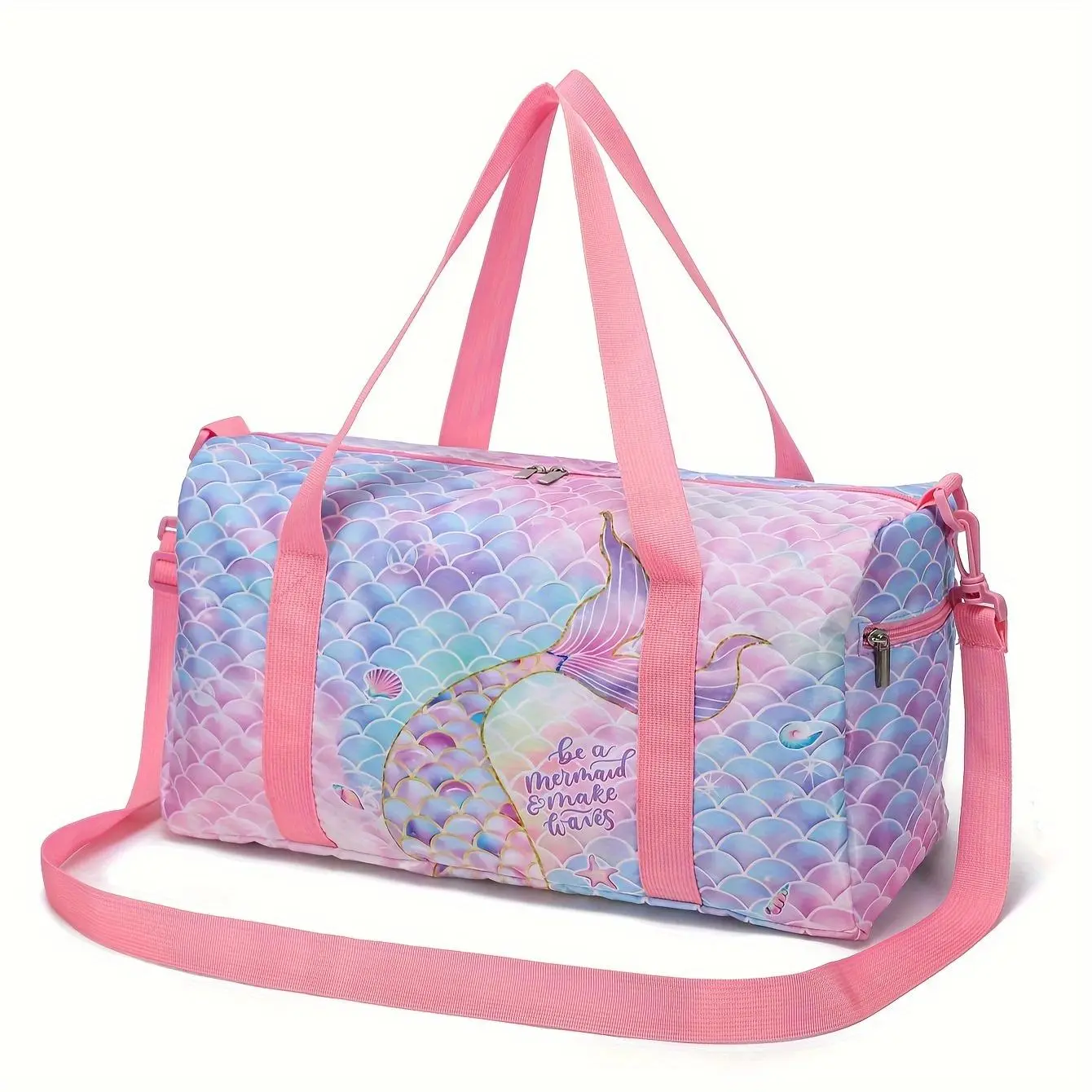 Durable Creative Duffle Bag, Large Capacity Training Shoulder Bag, Mermaid Pink Printed Canva Themed Neutral Storage Bag