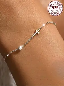 925 Sterling Silver Simple Style Cross & Bead Design Bracelet, Fashion Jewelry for Women, Trendy All-match & Exquisite Jewelry for Birthday Gift, Elegant Jewelry Bracelet