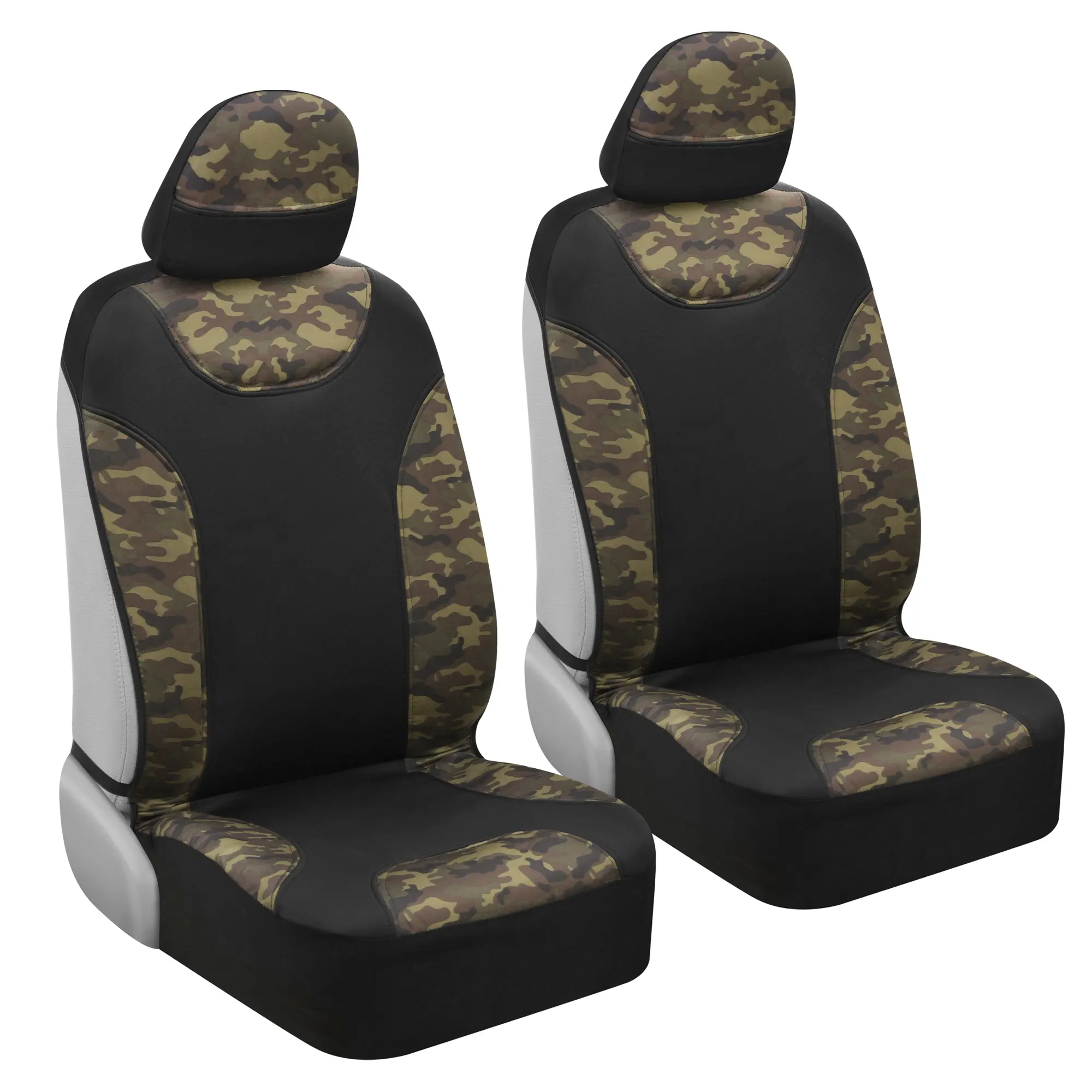BDK Waterproof Camo Seat Covers for Car Truck Van SUV, 2 Pack – Two-Tone Black & Camouflage Car Seat Covers, Durable Neoprene Seat Protectors, Sideless Design Compatible with Armrests and Airbags