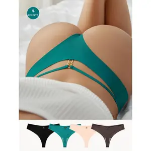 Women's clothing 4pcs Women's Sexy Thongs in Red and Multicolor, Low Waist V-Strings, Breathable Nylon and Elastane Blend Fabric Panties