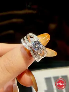 2 Pc/Set Gorgeous Sparkle Real S925 Sterling Silver V-Shaped Hollow Out Zircon Engagement Rings Eternal Promise Wedding Ring For Women Luxury Ladies Fine Jewelry Anniversary Gift Girlfriend Gift Birthday Gift Dating Gift Valentine's Day Gifts