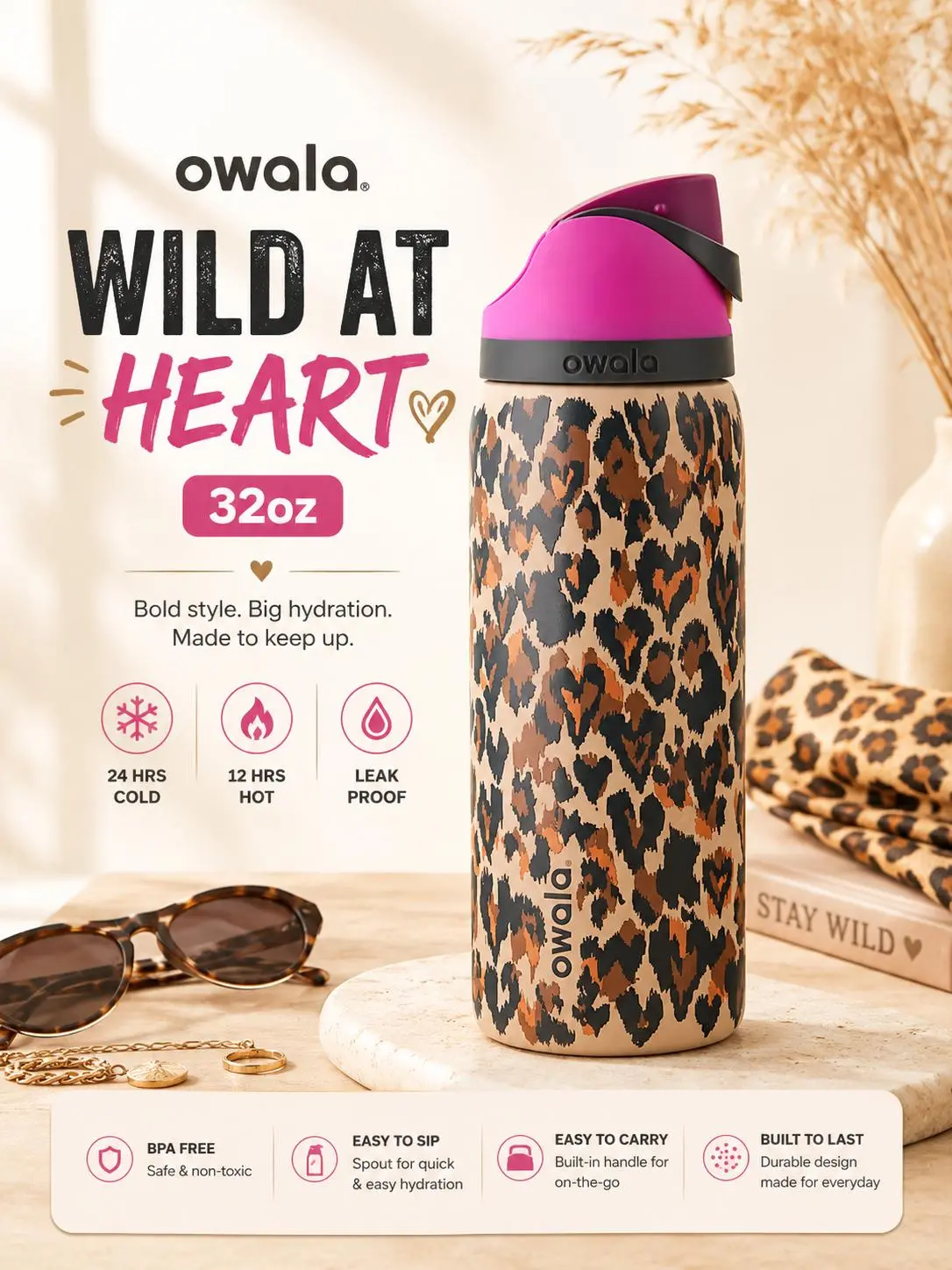 Owala Wild At Heart Leopard Print 32oz FreeSip Water Bottle – Leakproof Insulated Stainless Steel Tumbler, BPA Free Drinkware Reusable
