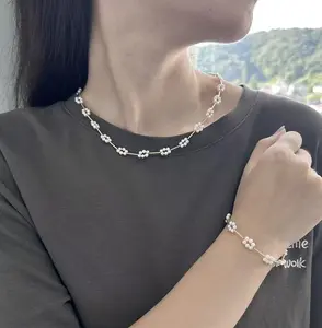 NC072-The ‘Fleur Perlé’ Set — A Pearl Daisy Chain Necklace & Bracelet. pearl flower necklace, pearl daisy chain, pearl bracelet set, freshwater pearls, dainty pearl necklace, beaded pearl necklace, quiet luxury, old money aesthetic