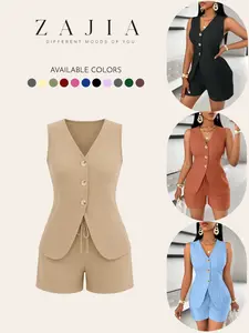 2026 New Summer Women's Fashion Set, Button Vest Top and Shorts 2-Piece, Commuter Basic Style, Trendy Ladies' Clothing