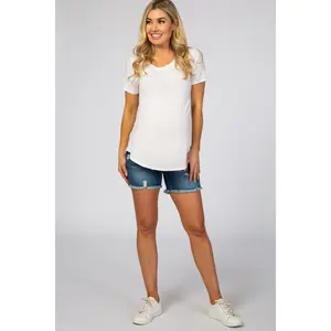 Blue Distressed Fringe Hem Maternity Jean Shorts