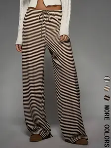 Striped Drawstring Knit Casual Wide Leg Pants, Comfortable Relaxed Fit Trousers for Everyday Wear, Perfect for Leisure Activities