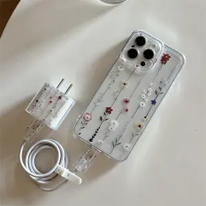 Flower Pattern Clear Phone Case with Charger Protector & Data Cable Protector & Silicone Cable Tie, Phone Accessories for iPhone 11 12 13 14 15 Pro Max