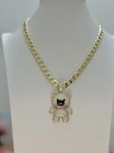 Cuban Chain 18in with Bear Pendant Laminated in 14K Gold High Quality Necklace