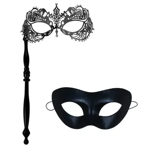 Couple Masquerade Masks Set: Unisex Venetian Metal and PVC Mask with Stick Halloween Mardi Gras Costume Accessories