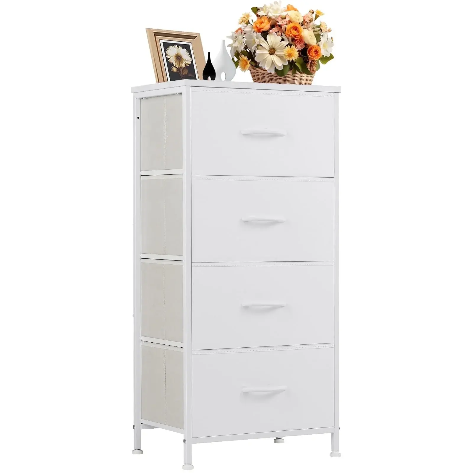 4 Drawer Dresser, Wide Chest Drawers Nightstand Storage Tower Storage Fabric Dresser With Wood Top for Living Room, Bedroom, Closet, Black