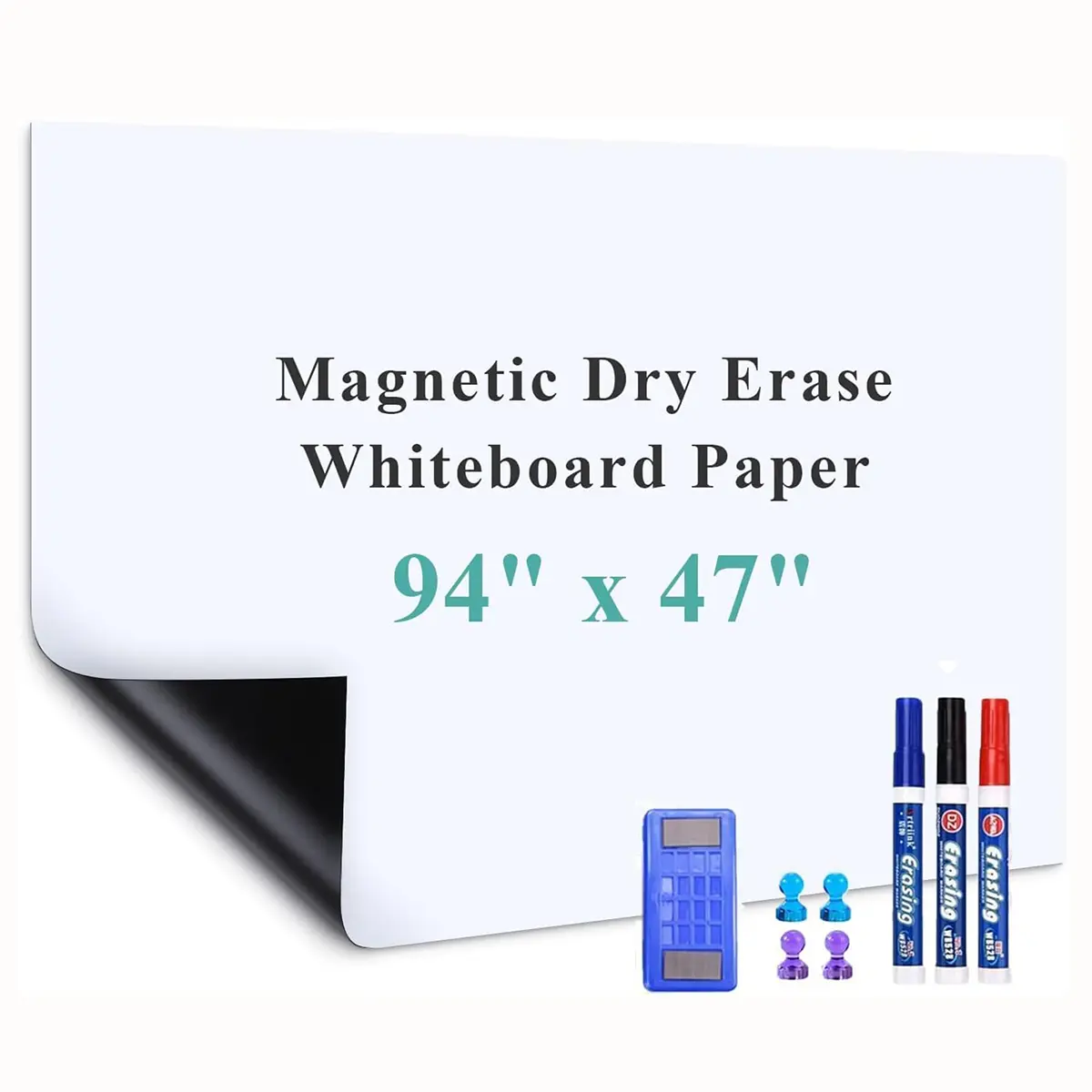Magnetic Dry Erase Whiteboard Paper, 94" x 47" with Self Adhesive Whiteboard for Wall, Easy to Write and Clean Dry Erase Board for Kids, Office, with Marker, Magnetic Eraser and Magnets office whiteboard