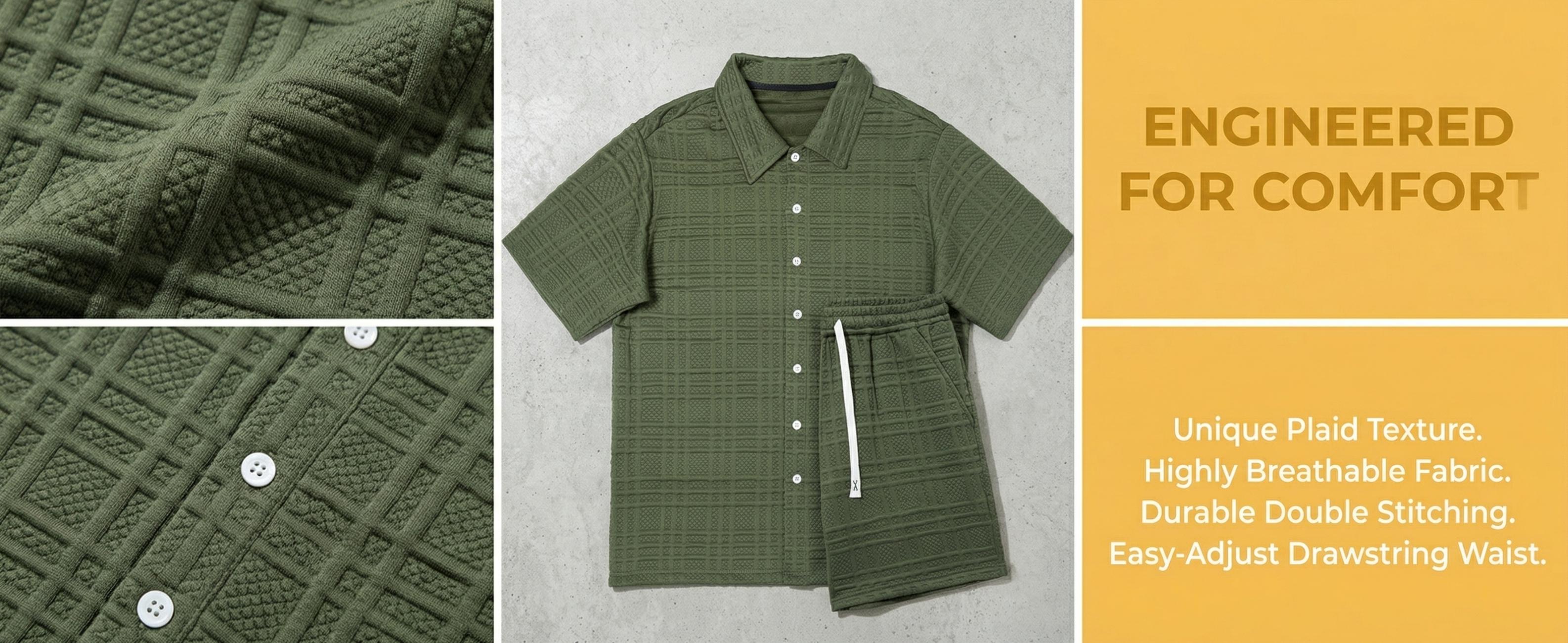 Men's 2 Piece Outfit, Textured Knit Button Down Shirt & Shorts Set for Summer