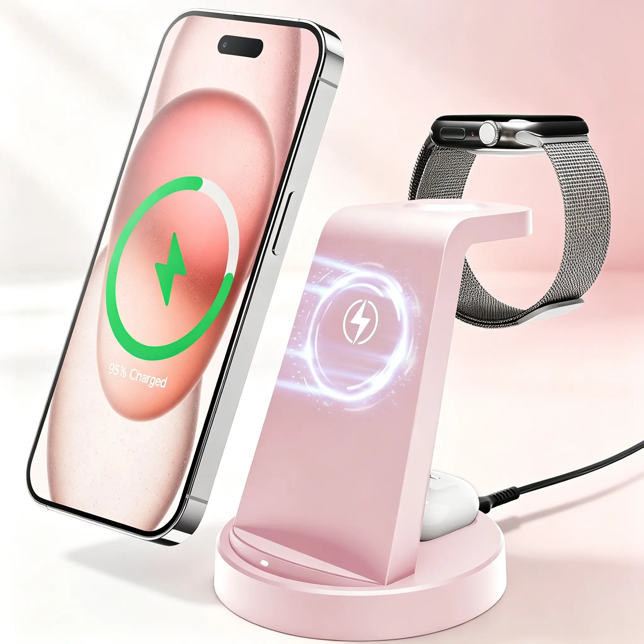 3-in-1 Wireless Charging Station for iPhone 17 16e 16 15 14 13 12 11 X Pro Max & Apple Watch - 15W Charger for AirPods 4 3 Pro - Magnetic & Standard Versions - Safe & Case Friendly - Black Pink White Blue Smartphone Pad tiktokshopbacktoschool