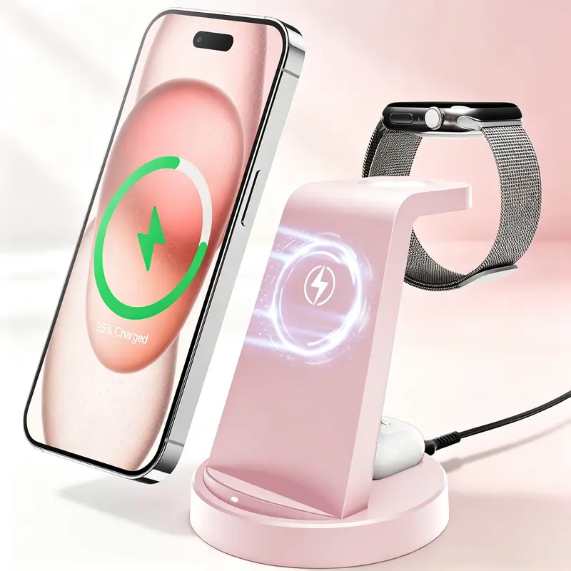 3-in-1 Wireless Charging Station for Apple Devices, Magnetic & Standard Charger Stand for iPhone 17 16 15 14 13 12, Watch & AirPods 4 3 Pro, Case Friendly (Black/Pink/White/Blue) Smartphone Pad tiktokshopbacktoschool, Adapter Incl., Charge 3 At Once techv