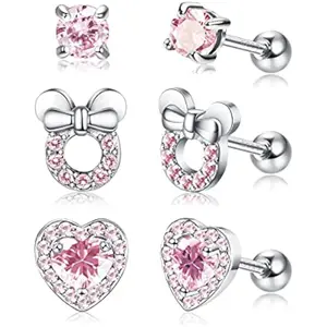 Milacolato 3Pairs 925 Sterling Silver Stud Earrings for Women Girls Cubic Zirconia Heart Mouse Stud Earrings Hypoallergenic 18G Cartilage Tragus Helix Screwback Stud Earrings Set for Kids Toddlers Teens