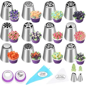 Russian Piping Tips Set, 12 Flower Frosting Nozzles Icing Tips for Cake Decorating Tips Kit, Baking Supplies for Cookie Cupcake, 2 Leaf Piping Tips 2 Couplers 30 Pastry Baking Bags