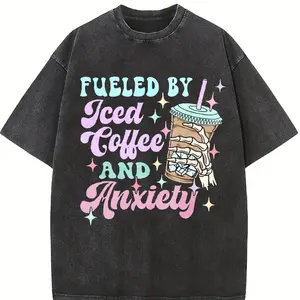 Men's Heavyweight Vintage Iced Coffee & Anxiety Mental Awareness T-Shirt - 230gsm Washed Tee with Iced Coffee & Anxiety Print, Breathable Round Neck Short Sleeve for - Casual Wear