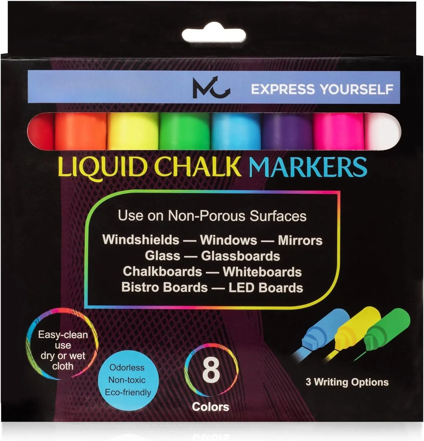 Liquid Chalk Drawing Markers for  Windows, Auto Windshields, Mirrors, White Boards, Retail + Restaurant Signs. Erasable Chalk Markers  Washable  Bold - Neon 8pck. 10mm tip - 3 writing options.