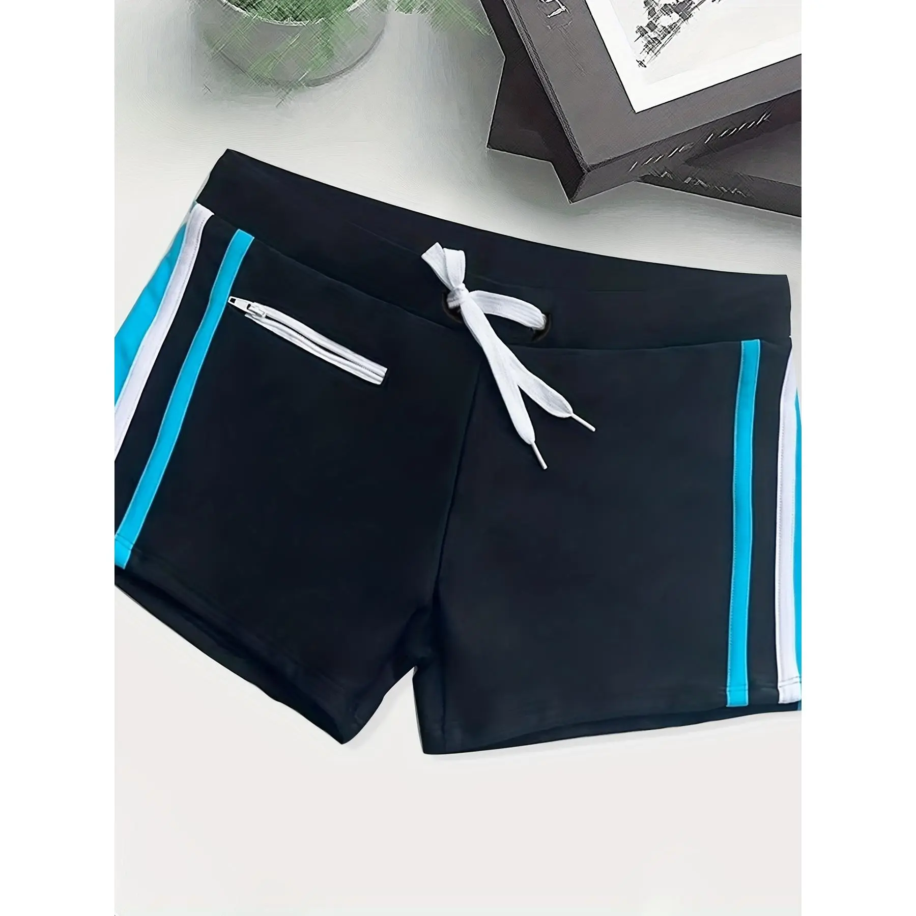 Men's Color-Block Polyamide Synthetics Drawstring Waist Above-The-Knee Swim Boxers - Red, Sporty Summer Beach Swimwear for Male Swim Needs
