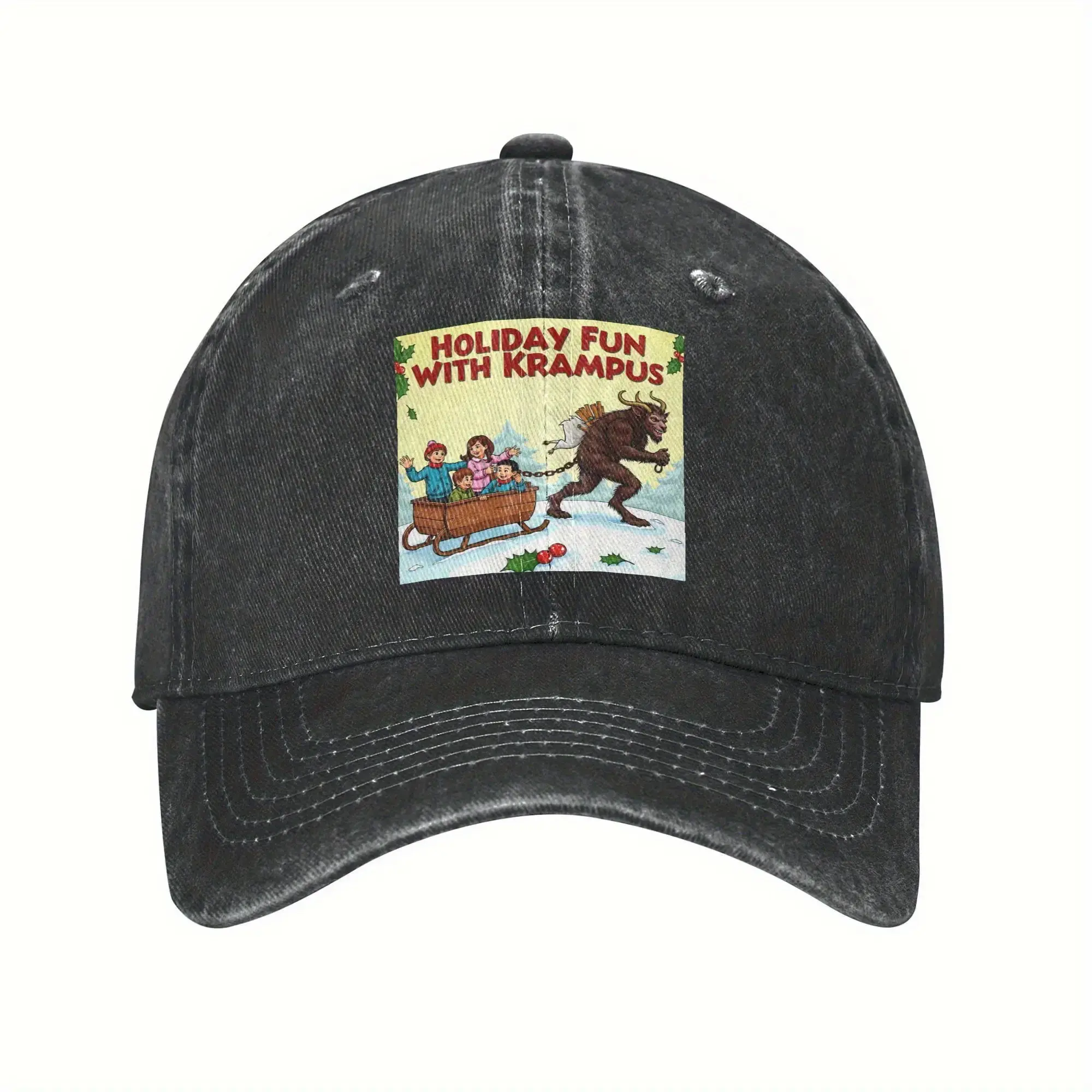 Christmas Krampus Print Baseball Cap - Retro Hip-Hop Style Hoodie with "Holiday Fun with Krampus" Pattern, Unisex Adult and Youth Casual Winter Party Accessory, Austrian Folk Design Suitable for Krampus Night Events