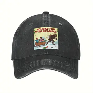 Christmas Krampus Print Baseball Cap - Retro Hip-Hop Style Hoodie with "Holiday Fun with Krampus" Pattern, Unisex Adult and Youth Casual Winter Party Accessory, Austrian Folk Design Suitable for Krampus Night Events