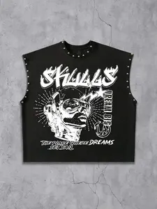 American Street Retro Cyber Skull Graphic Print Sleeveless Vest, Punk Rock Party Rivet Loose Fit, Fitted Street Style, No Button, No Zipper, No Collar, Streetwear