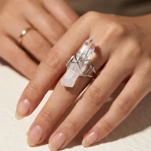 Minimalist Raw Clear Quartz Wire-Wrapped Adjustable Ring – Natural Crystal Statement Jewelry for Daily Wear