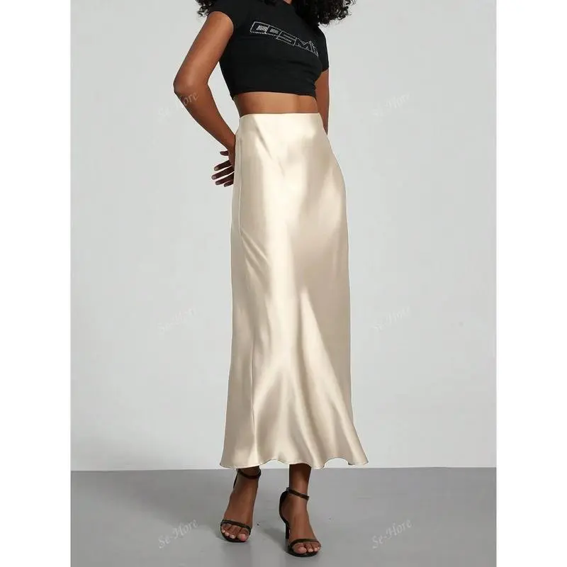 Women's Satin Stretch Waist Long Skirt Elegant Fabric