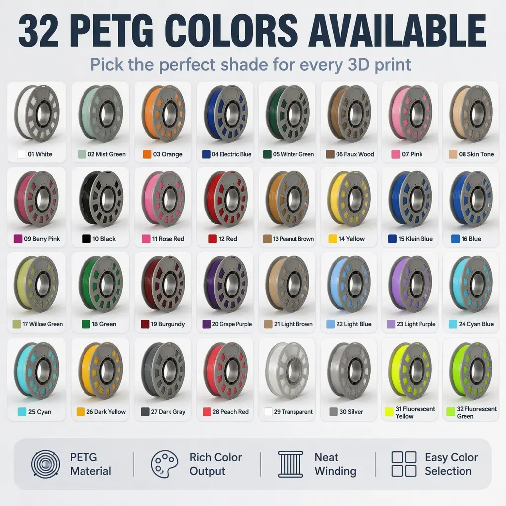300g Solid PETG 3D Printer Filament, 32 Distinct Pure Solid Color Options, 1.75mm Dimensional Accuracy, Low Warp Anti-Yellow Smooth Printing Filament Compatible with Most Desktop FDM 3D Printers