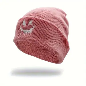 Embroidered Knit Beanie with White Skull Design, Unisex Winter Warm Hat, Soft Textile Material, Comfortable Headgear for Men and Women, Cozy Holiday Themed Winter Wear