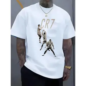 Men's & 's Ronaldo-Inspired CR7 Logo Design T-Shirt - White 'R' & '7' Lettering, Breathable Polyester Knit, Casual Round Neck Short Sleeve Tee for Fans, Casual Attire & Apparel