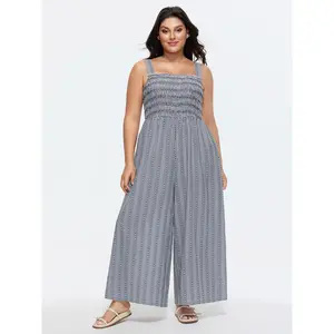 BloomChic Women's Plus Size Plaid Jumpsuit Overalls, Casual Cotton Blend Fabric with a Smocked Bodice, Ruffle Straps and Pockets
