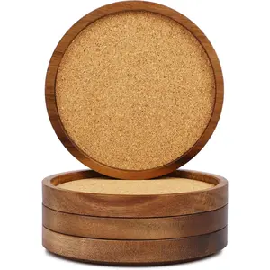 Set of 4 Wooden Drink Coasters, Stackable 4.2 inch Absorbent Cork Coasters for Tabletop Protection, Rustic Coasters for Coffee Cups Home Decor