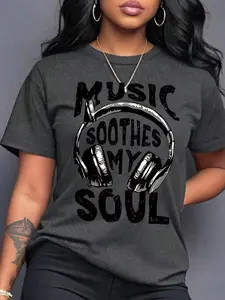 Women's Music Soothes My Soul Letter Print Round Neck Fitted Graphic Tee, Vintage Trendy Casual Streetwear Look Headphone Graphic T-shirt for Daily Wear, Ladies All Seasons Womenswear Outfit, Top
