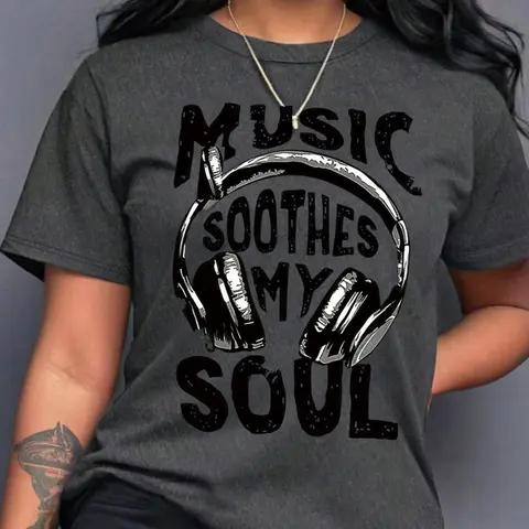 Women's "Music Soothes My Soul" Letter Print Round Neck Graphic Tee, Vintage Casual Streetwear Headphone Print T-shirt for Daily Wear, All-Season Short Sleeve Top, Graphic Tees Print, Womenswear