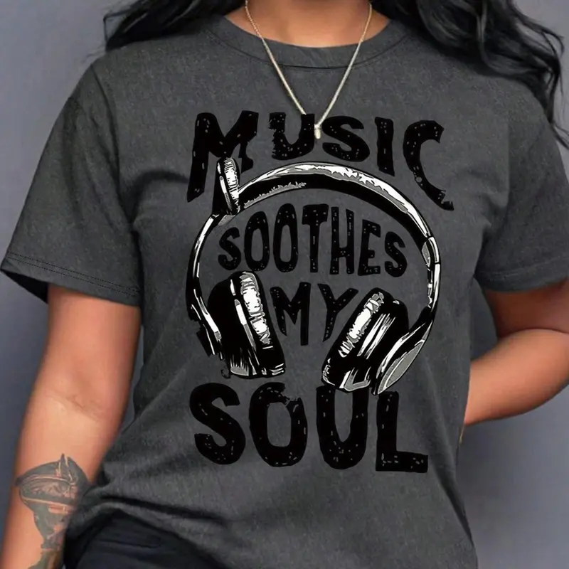 Women's "Music Soothes My Soul" Letter Print Round Neck Graphic Tee, Vintage Casual Streetwear Headphone Print T-shirt for Daily Wear, All-Season Short Sleeve Top, Graphic Tees Print, Womenswear
